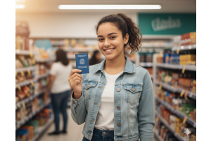 Jovem sorridente segurando a carteira de trabalho em um supermercado, representando com quantos anos pode trabalhar legalmente no Brasil como menor aprendiz.