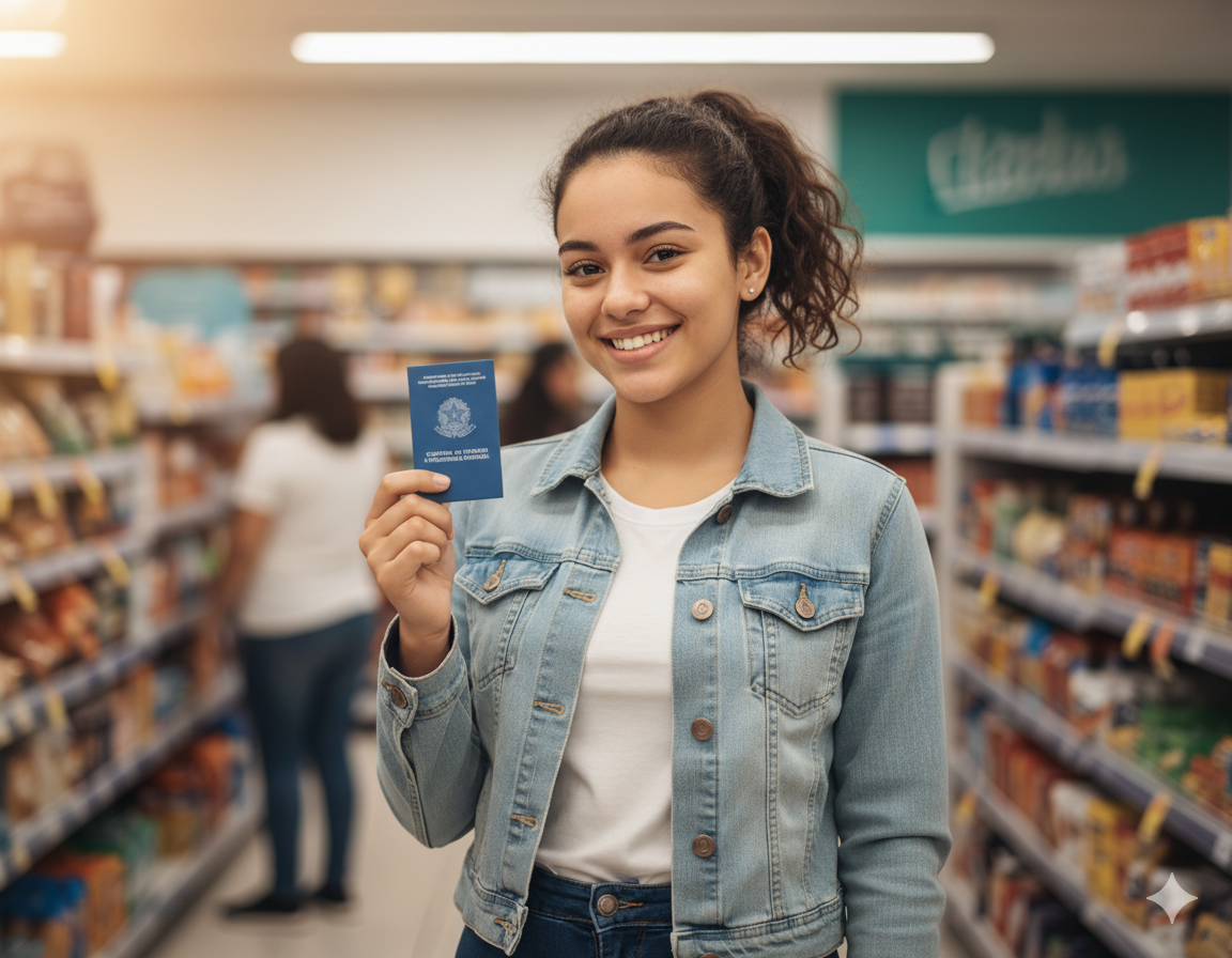 Jovem sorridente segurando a carteira de trabalho em um supermercado, representando com quantos anos pode trabalhar legalmente no Brasil como menor aprendiz.