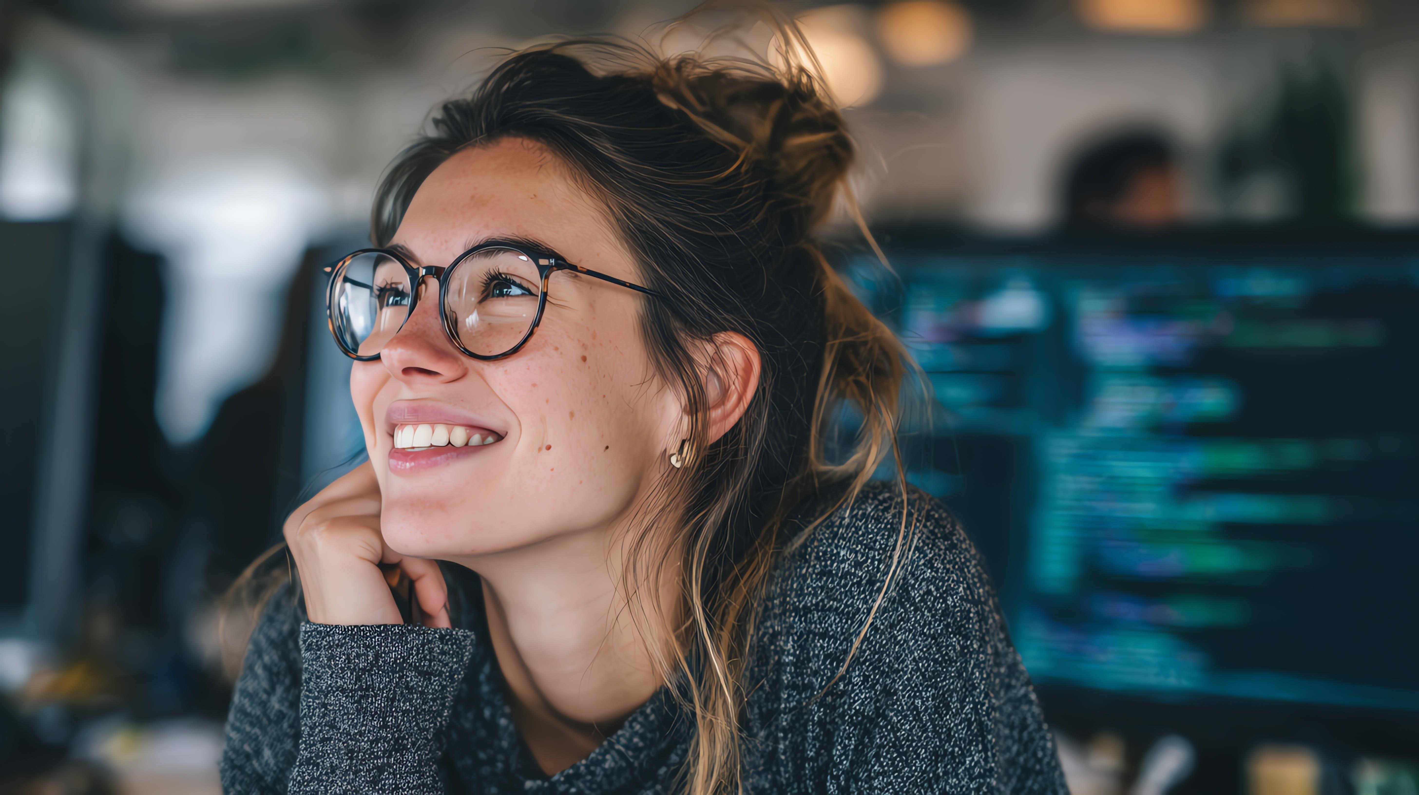 Mulher loira jovem sorridente em ambiente de trabalho com computadores ao fundo, representando como a inteligência artificial pode transformar o futuro profissional