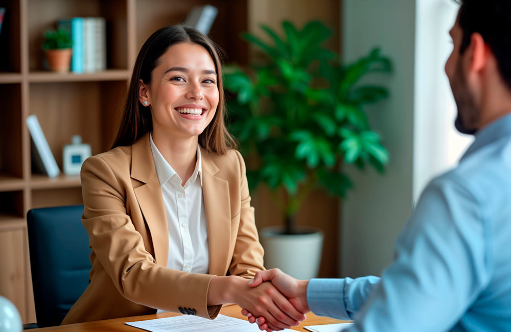 Mulher sorridente em uma entrevista de emprego, vestindo um blazer bege e apertando a mão do recrutador.