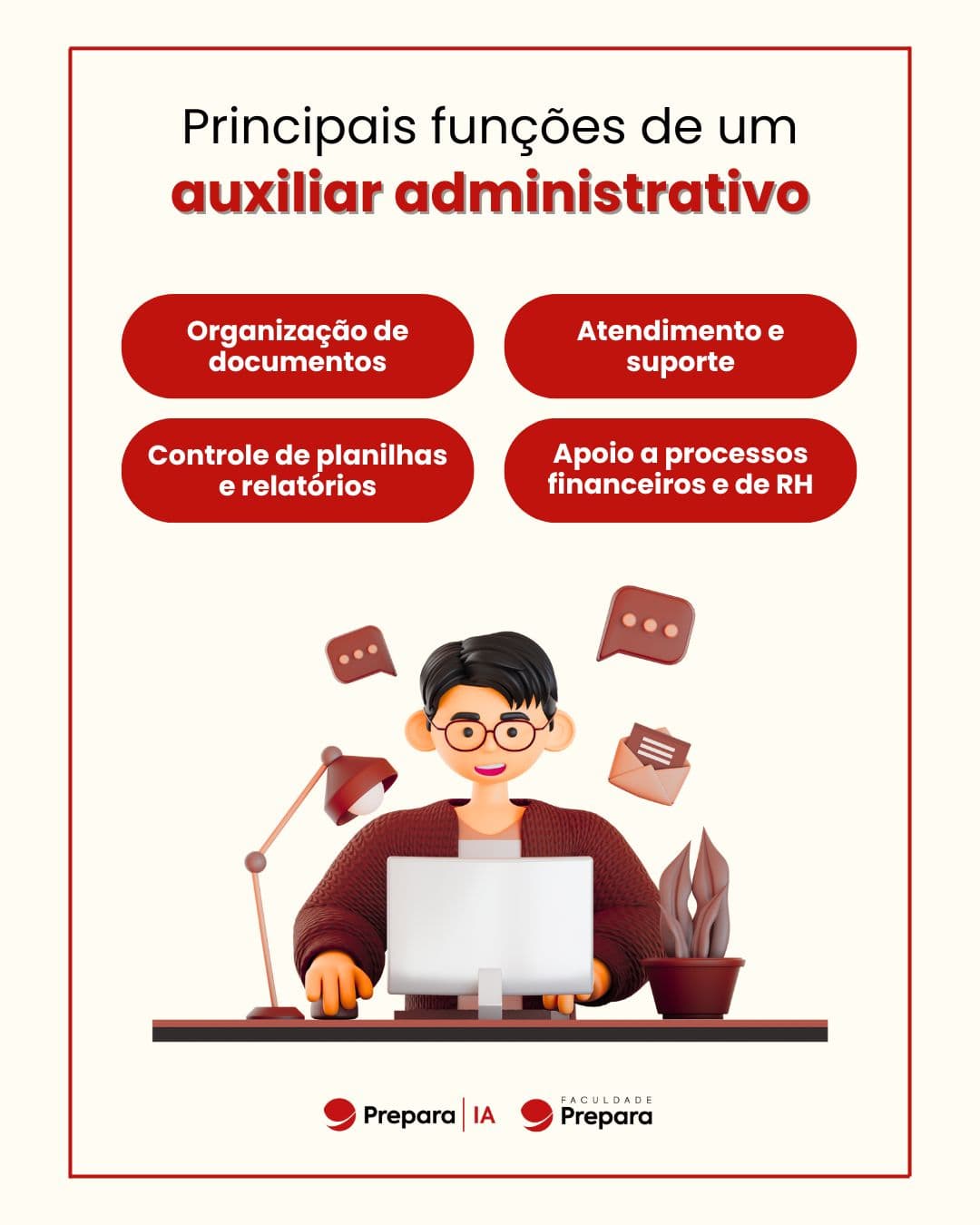 Infográfico ilustrado com quatro funções essenciais de um auxiliar administrativo: atendimento e suporte, organização de documentos, controle de planilhas e apoio a processos financeiros e de RH.